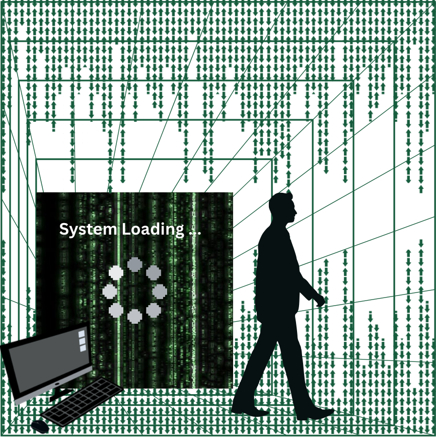 Digital systems-inspired artwork representing invisible technological infrastructure and AI integration in healthcare.
