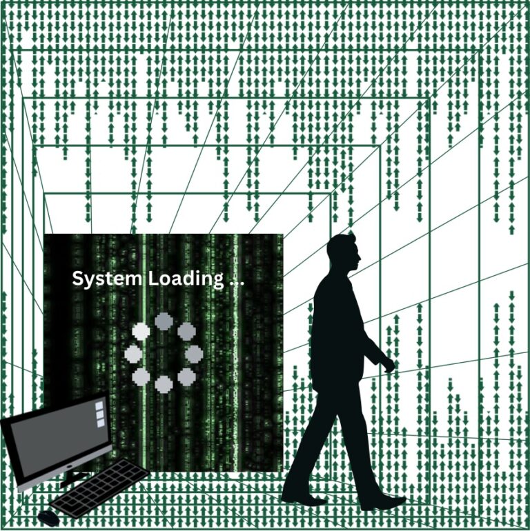 Digital systems-inspired artwork representing invisible technological infrastructure and AI integration in healthcare.