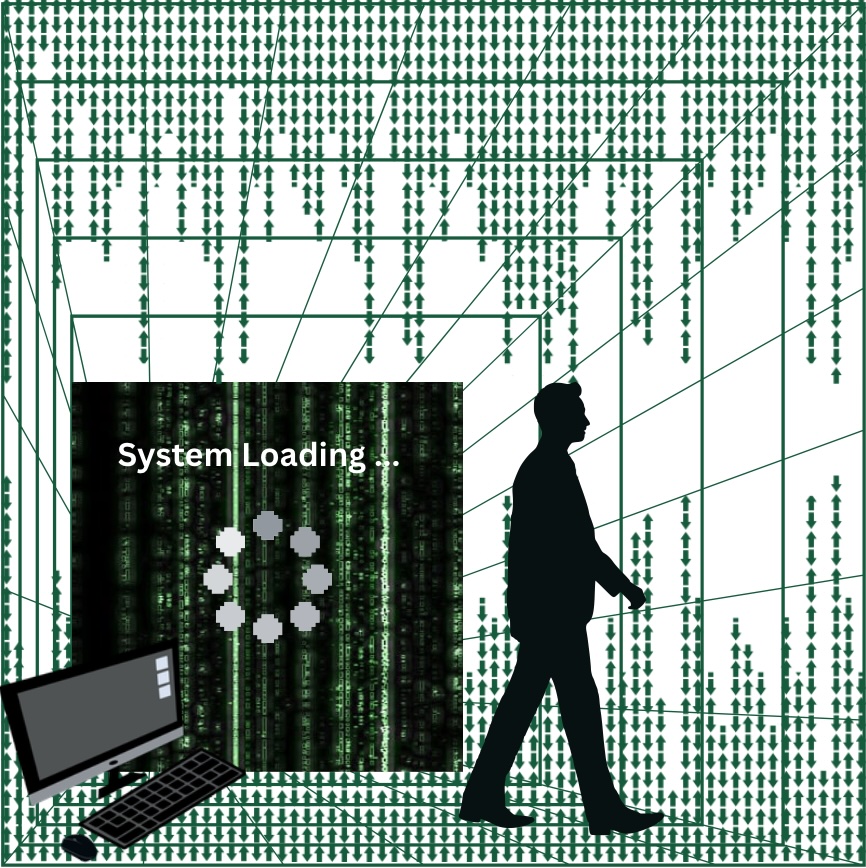 Digital systems-inspired artwork representing invisible technological infrastructure and AI integration in healthcare.